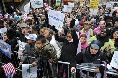 Protesters gather at the &quot;Today, I Am A Muslim, Too&quot; rally to protest against a planned congressional hearing on the role of Muslims in homegrown terrorism, Sunday, March 6, 2011 in New York. (AP)