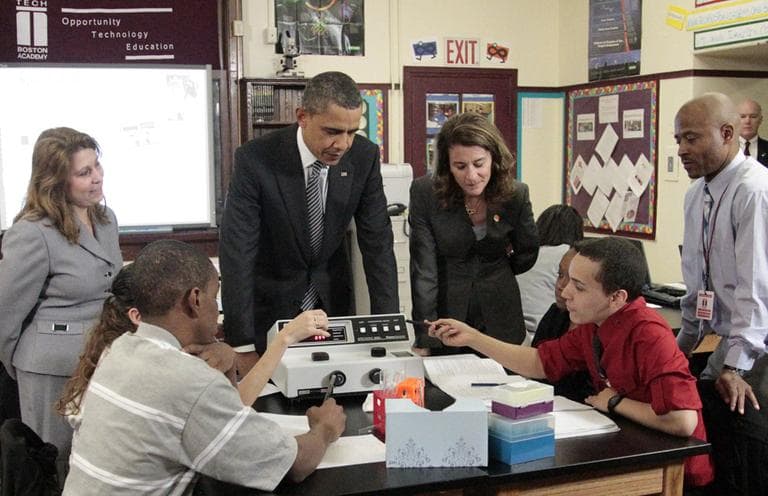 President Obama visits a classroom at TechBoston Academy with Melinda Gates in Boston, Tuesday. (AP)