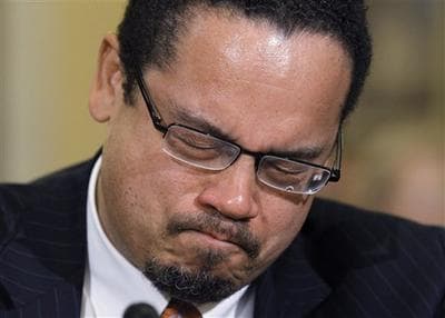 Rep. Keith Ellison, D-Minn., the only Muslin in Congress, becomes emotional as he testifies before the House Homeland Security Committee on the extent of the radicalization of American Muslims, on Capitol Hill in Washington. (AP)