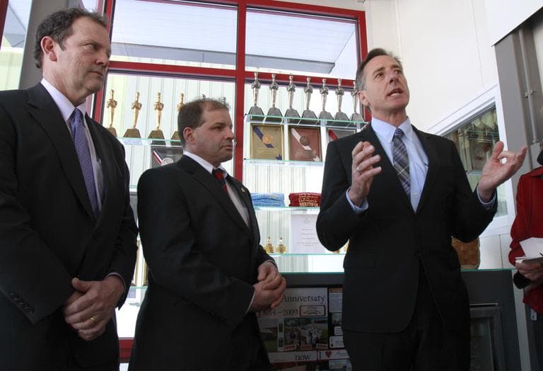 Gov. Peter Shumlin of Vermont, right, announces his jobs plan in Barre, Vt., in February. (AP)