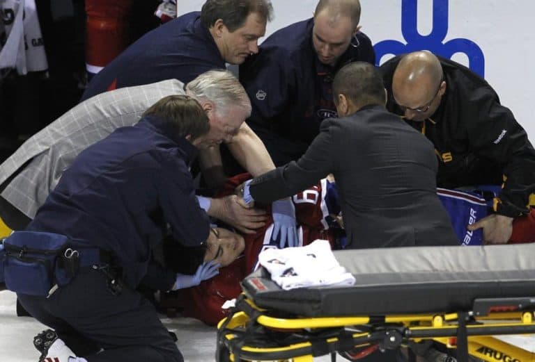 After taking a hit from the Bruins&#039; Zdeno Chara, Max Pacioretty had to be removed from the ice on a stretcher. (AP)
