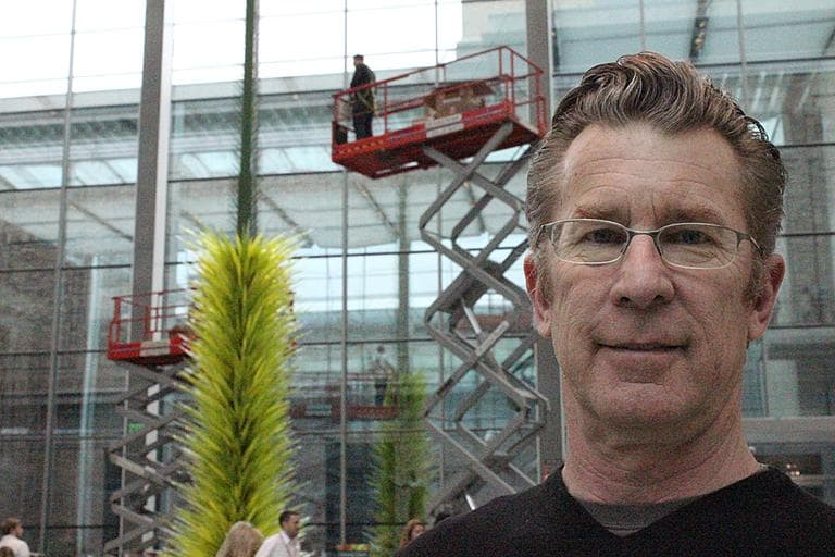 Tom Lind, project manager of the Lime Green Icicle Tower (Andrea Shea/WBUR)