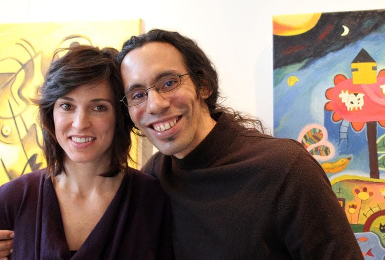 Artist Luis Rodriguez Noa, right, and Michelle Wojcik, La Galeria Cubana&#039;s director (Andrea Shea/WBUR)