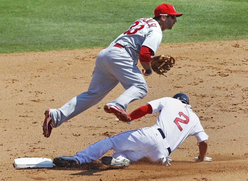 St. Louis Cardinals second baseman Daniel Descalso, top, leaps over Boston Red Sox's Jacoby Ellsbury (2) on a double play hit into by Dustin Pedroia in the third inning of a spring training baseball game in Fort Myers, Fla., Sunday. (AP)