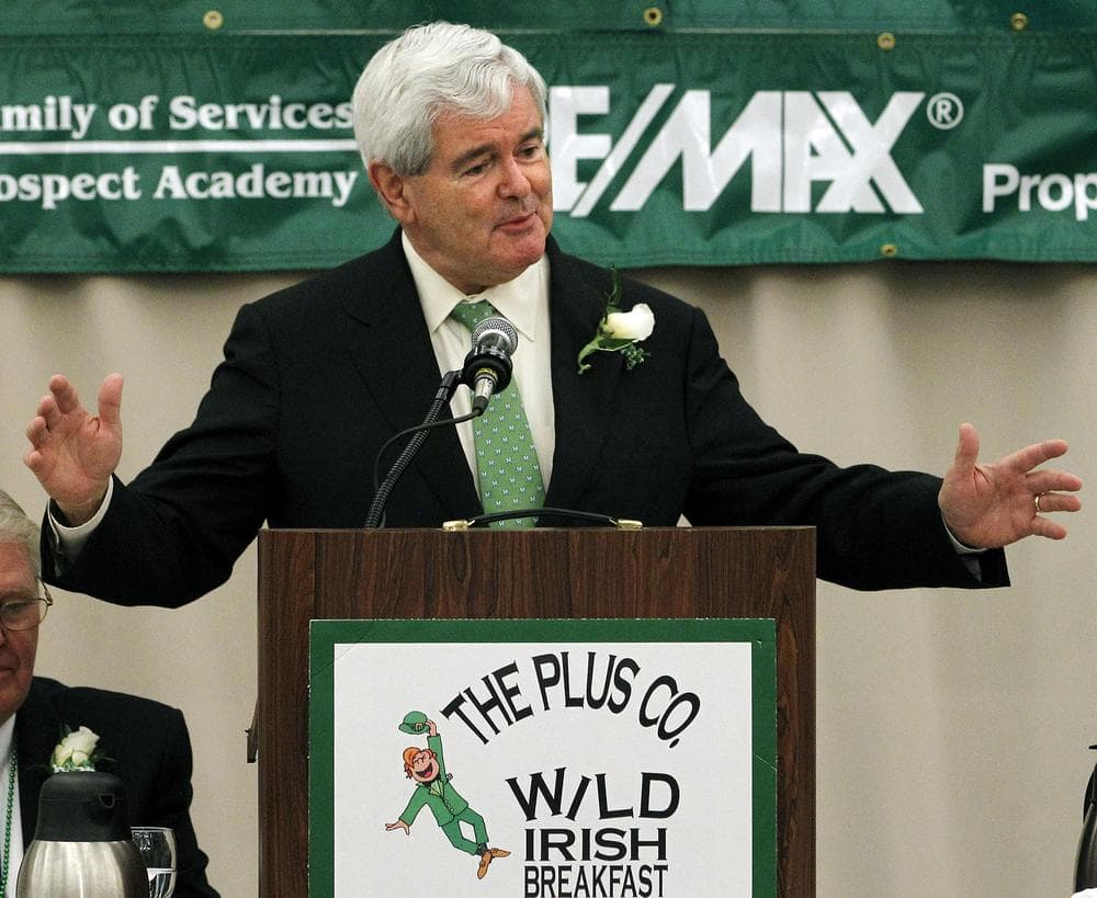 Former Speaker Newt Gingrich speaks during a Wild Irish Breakfast in Nashua, N.H. (AP/Elise Amendola)