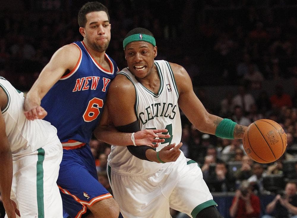 Boston Celtics' Paul Pierce drives past New York Knicks' Landry Fields (6) during the second half of an NBA basketball game Monday in New York. The Celtics won the game 96-86. (AP)