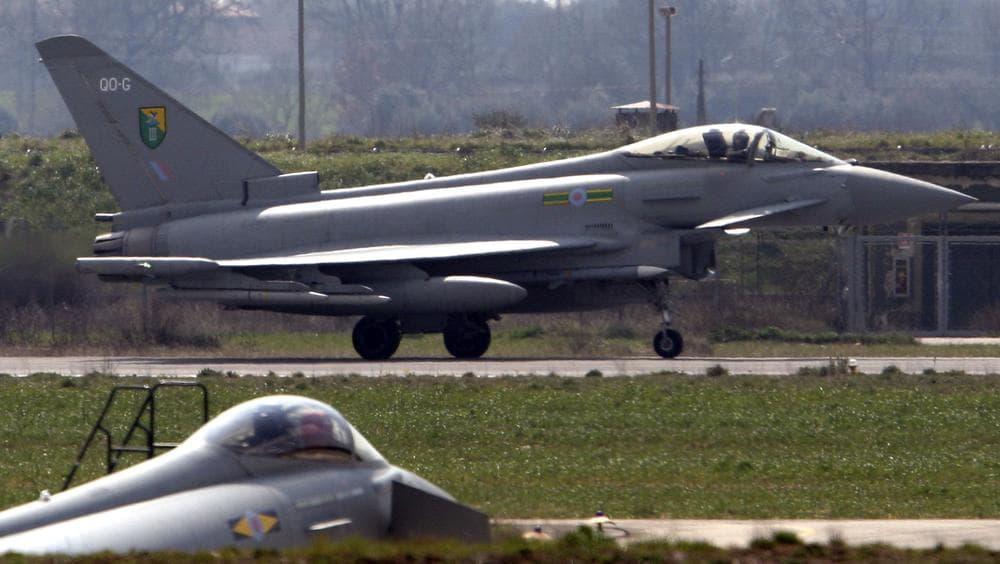 British Royal Air Force Typhoon jets land at the Gioia del Colle air base near Bari, Southern Italy. (AP)