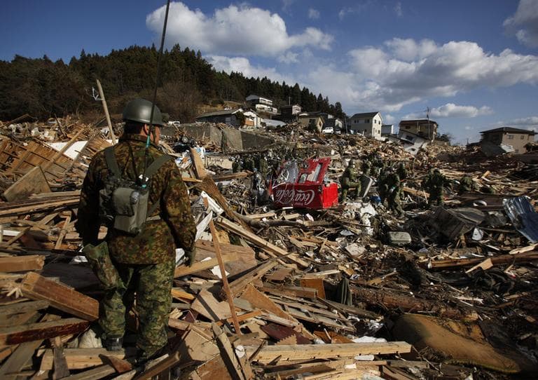 Members of Japan's Self Defense Force search the rubble of Shizugawa, in Northeastern Japan. (AP)