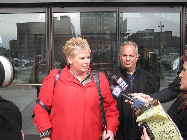 Boston criminal defense attorney Robert George, right, next to his attorney, Rosemary Scarpicchio (Deborah Becker/WBUR)