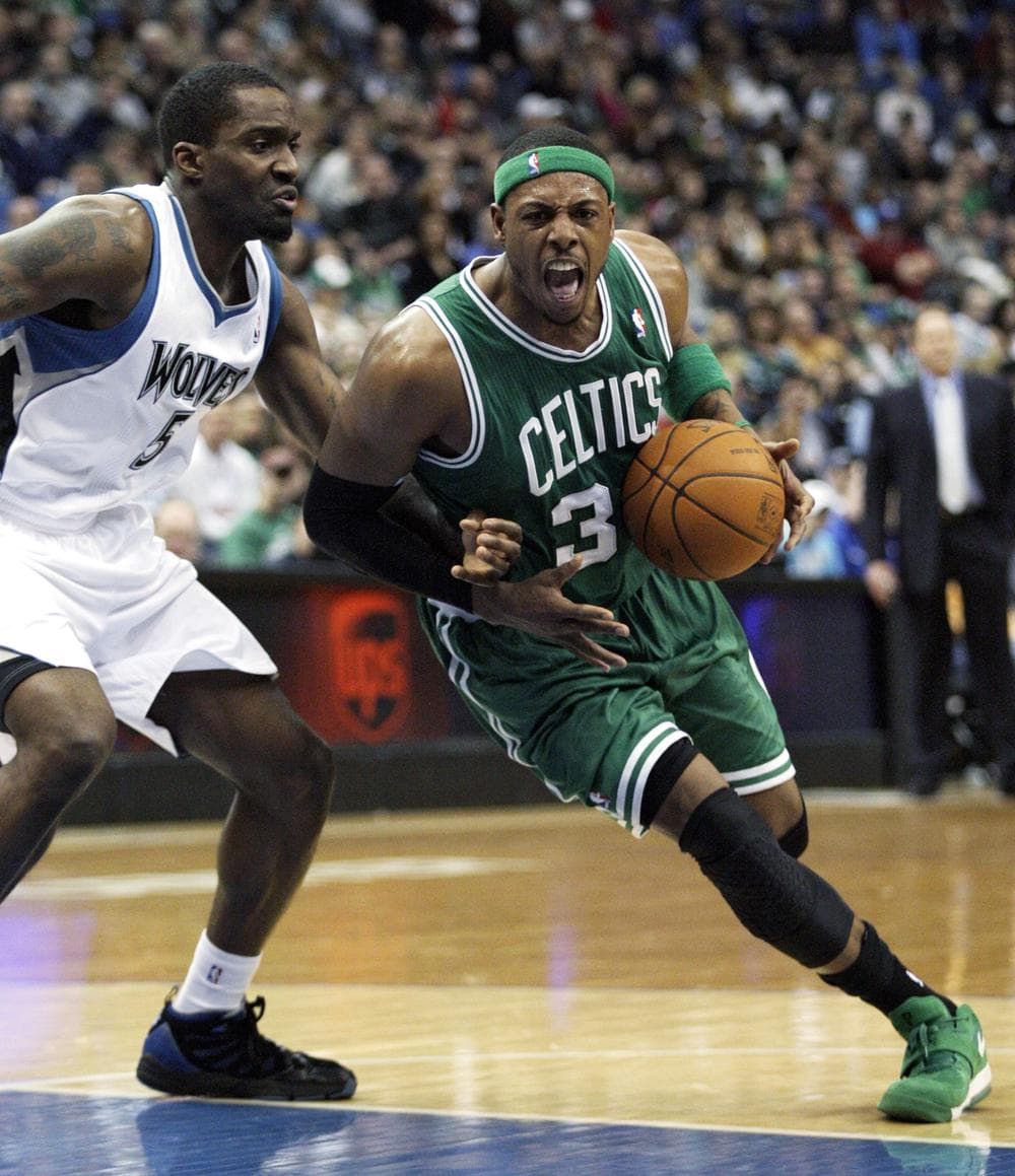 Boston Celtics forward Paul Pierce (34) drives around Minnesota Timberwolves forward Martell Webster (5) during the first half of the game on Sunday in Minneapolis. (AP)