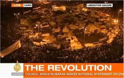 A screen grab from Al Jazeera English on the night Hosni Mubarak left Egypt. (bilal.randeree/Flickr)