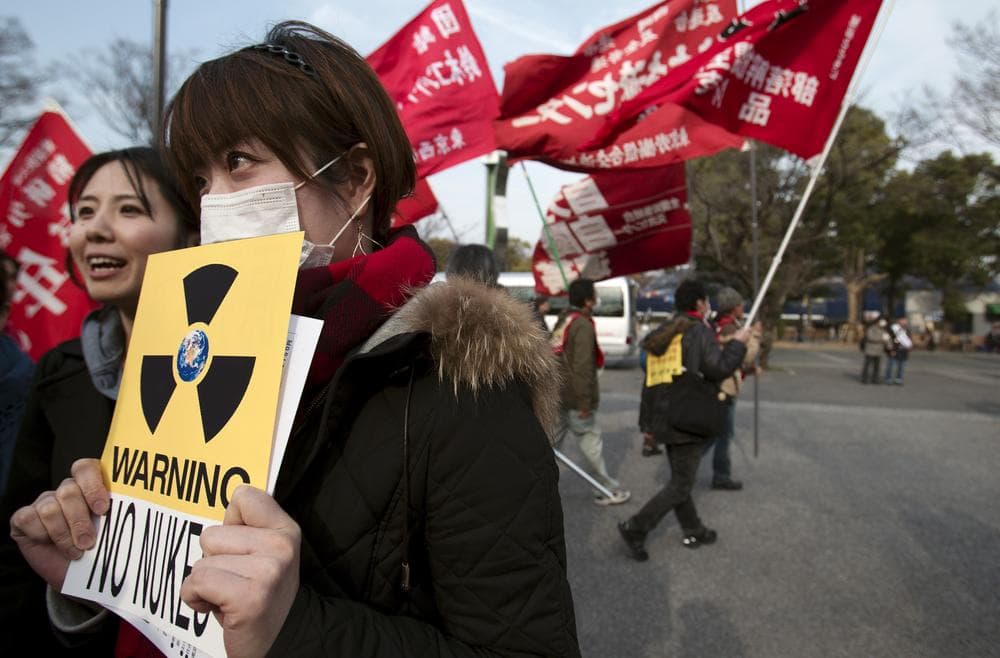 A woman holds a sign against nuclear power during anti-war and anti-nuclear march in Tokyo. (AP)