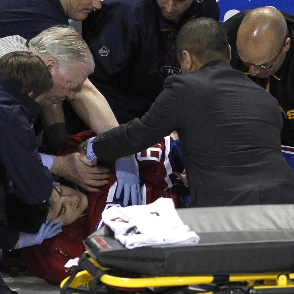 Montreal&#039;s Max Pacioretty had to be taken out on a stretcher Tuesday after a hit from Boston&#039;s Zdeno Chara. Pacioretty suffered a broken vertebra and a concussion. (AP)