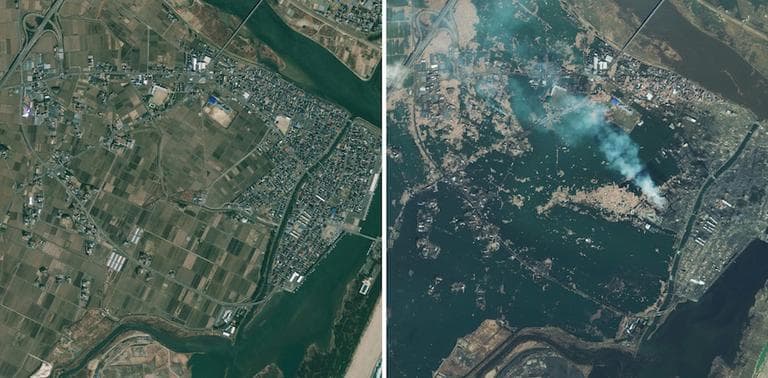 The photo on the left of Natori, Japan was taken April 4, 2010. The photo on right was taken Saturday, March 12, 2011, one day after the earthquake struck the Oshika Peninsula. (AP/GeoEye) 