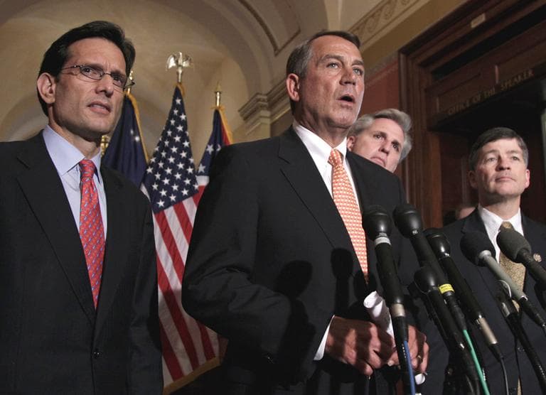 House Speaker John Boehner of Ohio, second from left, speaks during a news conference on Capitol Hill in Washington, Tuesday. From left are, House Majority Leader Eric Cantor of Va., Boehner, House Majority Whip Kevin McCarthy of Calif., and Rep. Jeb Hensarling, R-Texas. (AP)