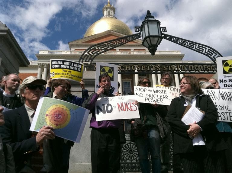 Nuclear power protesters at the State House Wednesday (Steve Brown/WBUR)