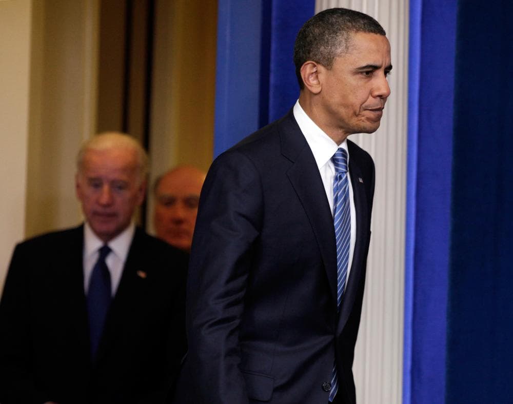 President Obama arrives to speak with media after a meeting with House Speaker John Boehner and Senate Majority Leader Harry Reid at the White House in Washington. (AP Photo/Carolyn Kaster)