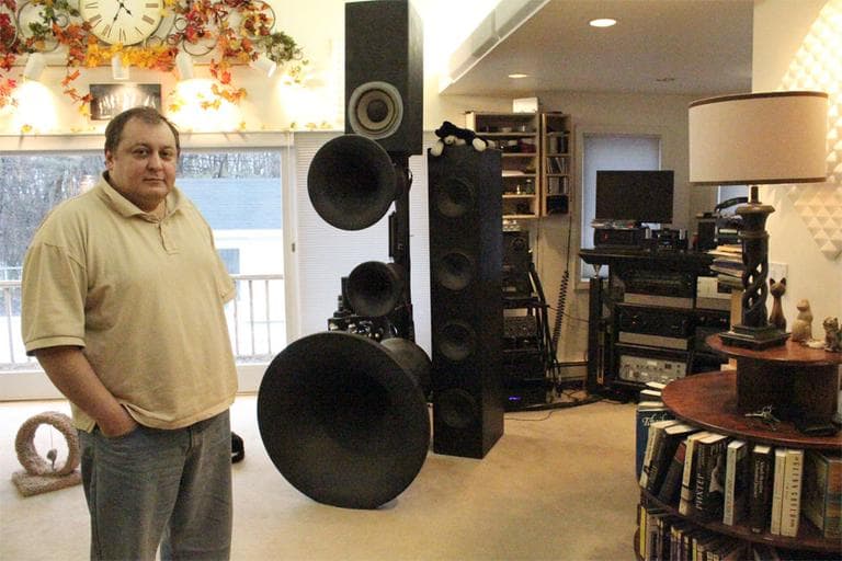 Romy Bessnow is pessimistic about the BSO&#039;s conductor search. He prefers to listen to past recordings on his massive sound system in his Woburn home. (Andrea Shea/WBUR)