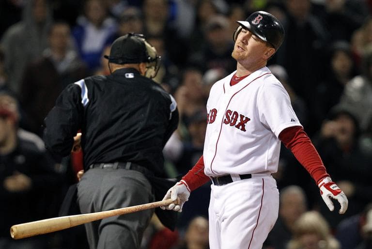 Red Sox right fielder JD Drew turns away in disgust after a called third strike in the ninth inning, Tuesday. (AP)