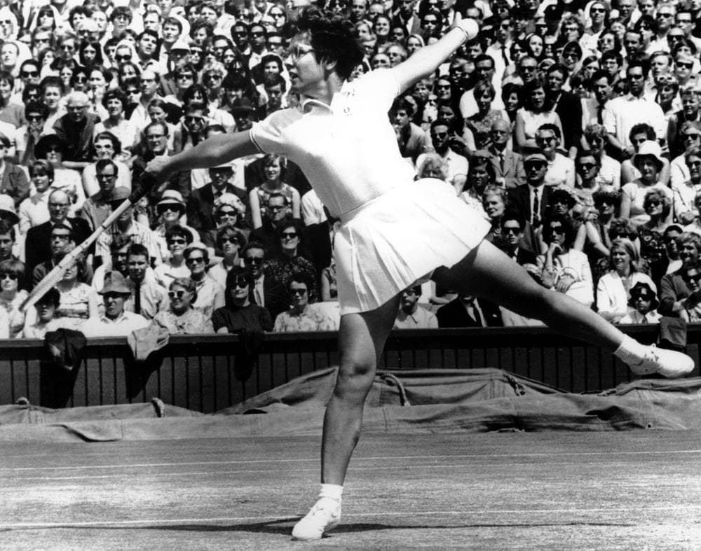 American tennis player Billie Jean King plays at the All England Lawn Tennis Championships at Wimbledon in London on July 8, 1967. (AP)