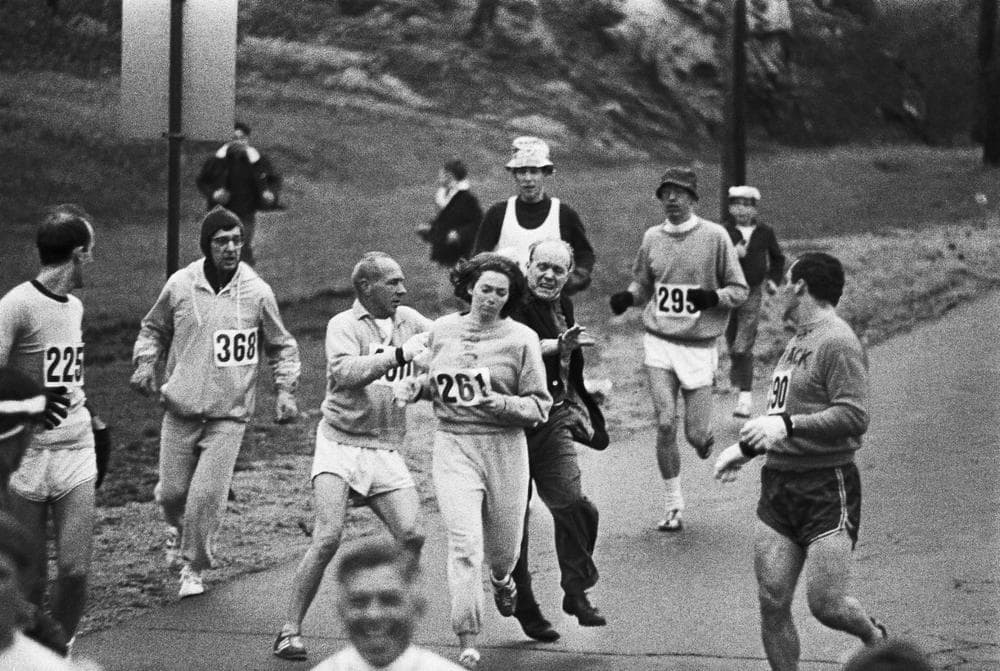 In 1967, challenging the all-male tradition of the Boston Marathon, Kathrine Switzer, at the time a headstrong 20-year-old junior at Syracuse University, entered the race. Two miles in, a race official tried to physically remove her from the competition. (AP)