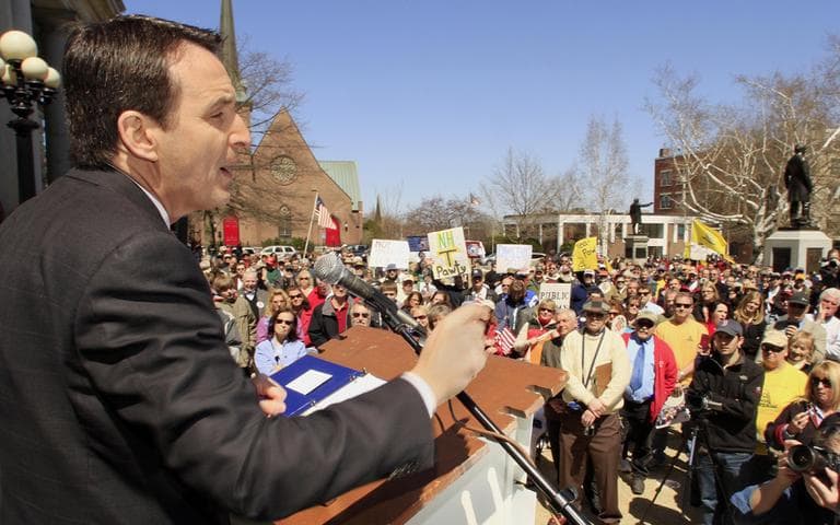 Former Minnesota Gov. Tim Pawlenty addresses the Tea Party rally in Concord, N.H., on Friday. (Fred Thys/WBUR)