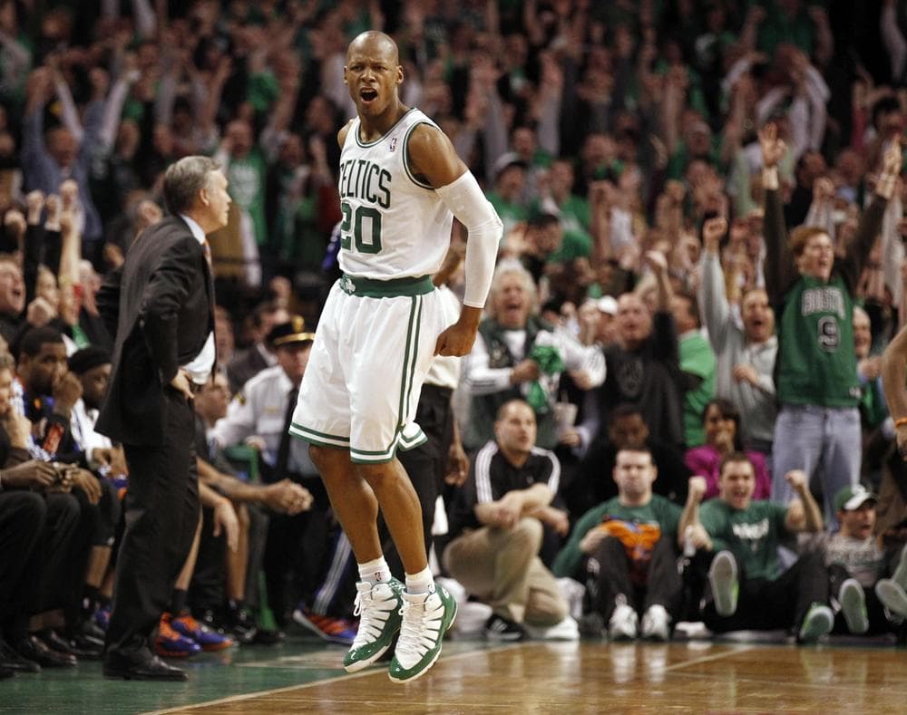 Boston Celtics' Ray Allen celebrates after hitting the game winning three point shot as New York Knicks head coach Mike D'Antoni, left, looks on during the fourth quarter of Boston's 87-85 win in Game 1 of the playoff in Boston on Sunday. (AP)