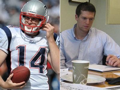 New England Patriots punter Zoltan Mesko, in his normal work attire, left, and as a private equity intern taking notes during a conference call (AP &amp;amp; Curt Nickisch/WBUR)