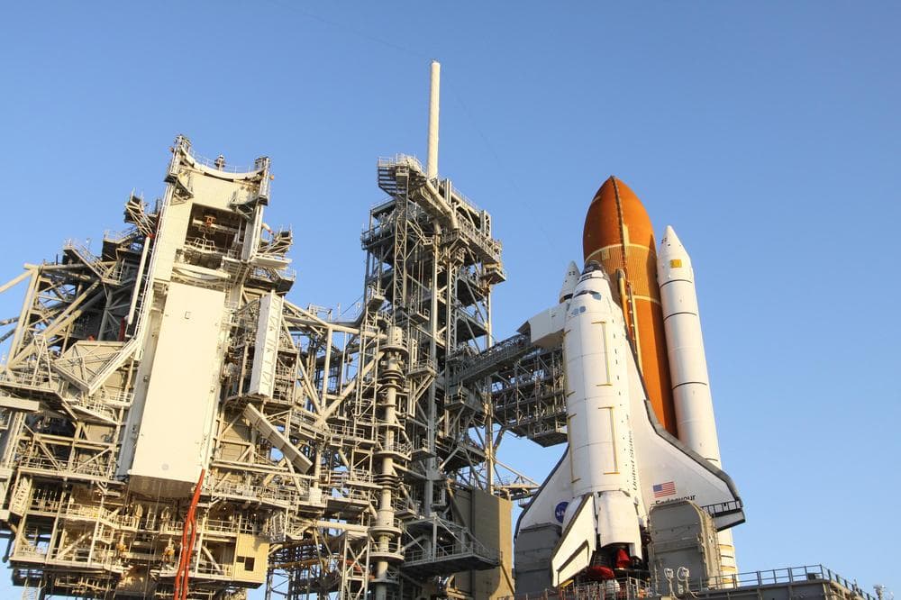The space shuttle Endeavour on Launch Pad 39A at NASA's Kennedy Space Center in Florida. (courtesy: NASA)