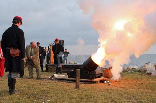 A reenactor fires a mortar at Fort Johnson, near Fort Sumter, to commemorate the moment the first shots of the Civil War were fired 150 years ago in Charleston, S.C. (AP)