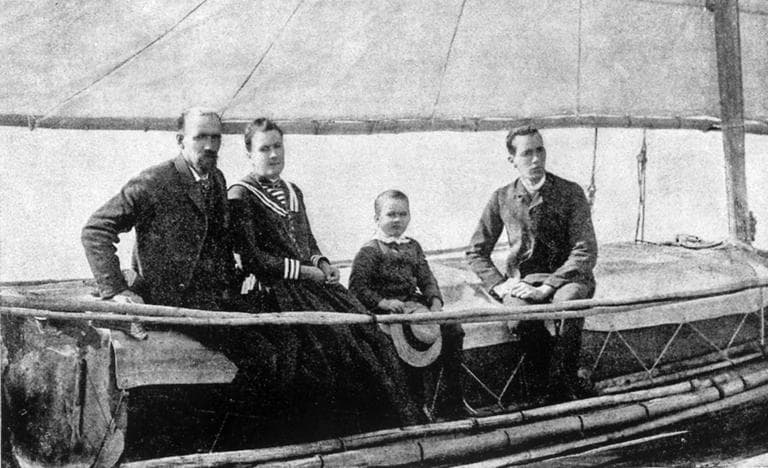 Slocum sailing The Liberdade, a boat he built, with wife Henrietta and sons Garfield and Victor. (Courtesy of the New Bedford Whaling Museum)