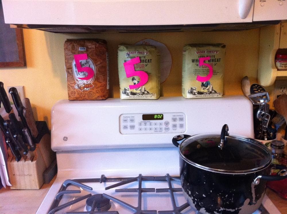 Flour bags representing the 15 pounds I lost &mdash; and regained