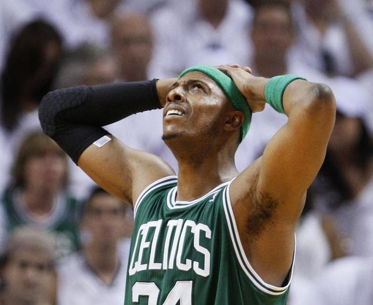 Boston Celtics&#39; Paul Pierce reacts to a call against a teammate during Game 1 against the Miami Heat on Sunday. (AP) 