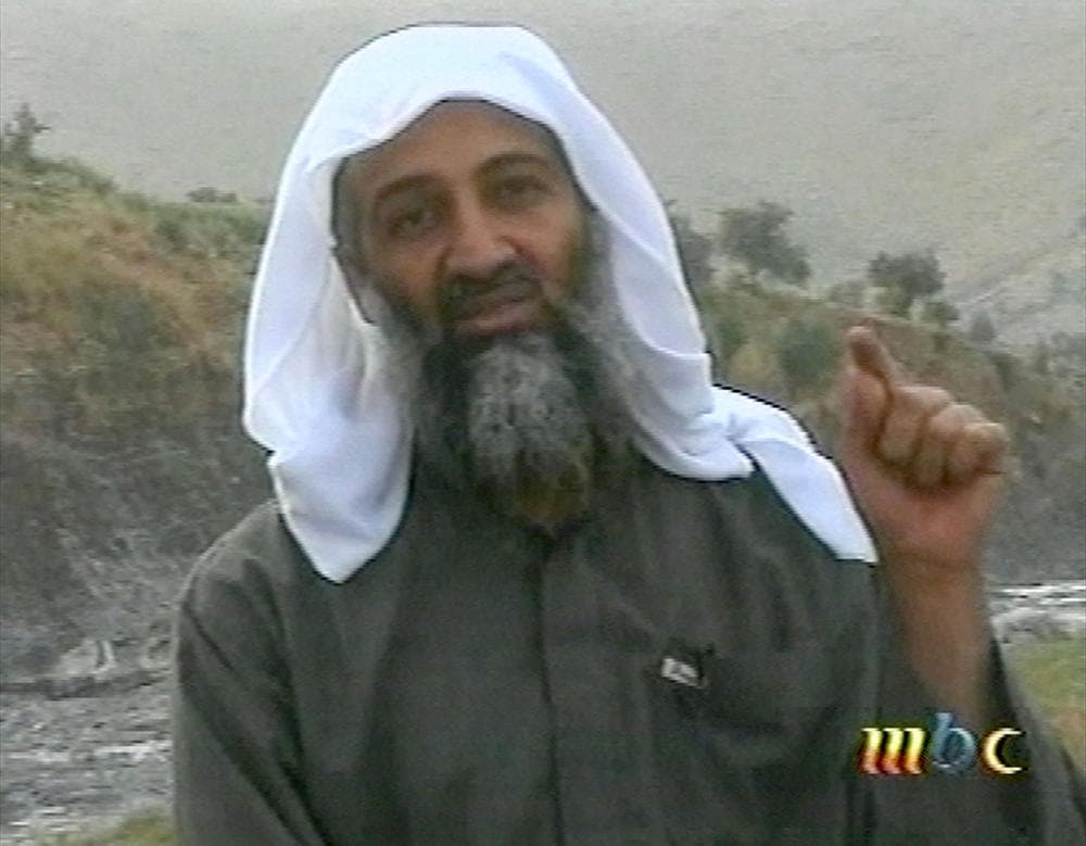 Osama bin Laden is seen in this image broadcast Wednesday April 17, 2002, by the London-based Middle East Broacasting Corp. (AP/MBC via APTN)