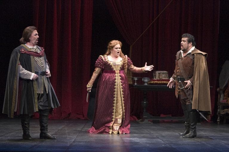 Jason Stevens, Barbara Quintiliani and Eduardo Villa in Opera Boston’s Lucretia Borgia.(Michael Lutch/Opera Boston)