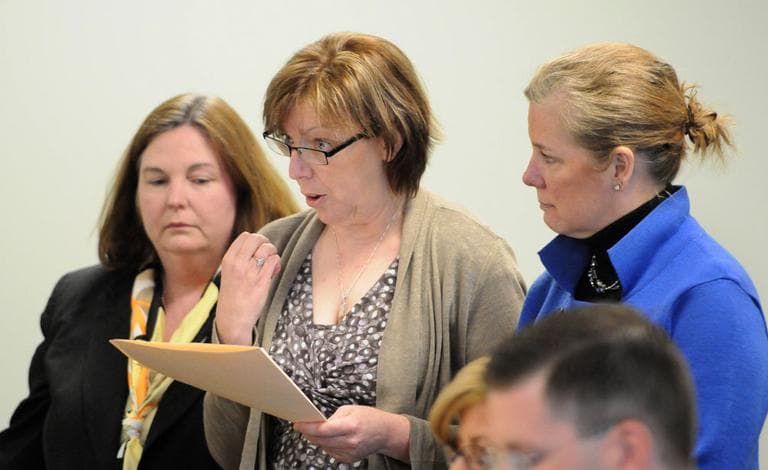 Anne O'Brien, mother of Phoebe Prince, center, delivers a victim impact statement at a hearing in Franklin/Hampshire Juvenile Court Thursday. Elizabeth Dunphy Farris, former Northwest first assistant district attorney, left, and victim-witness advocate Jane Schevalier, right, look on. (AP)