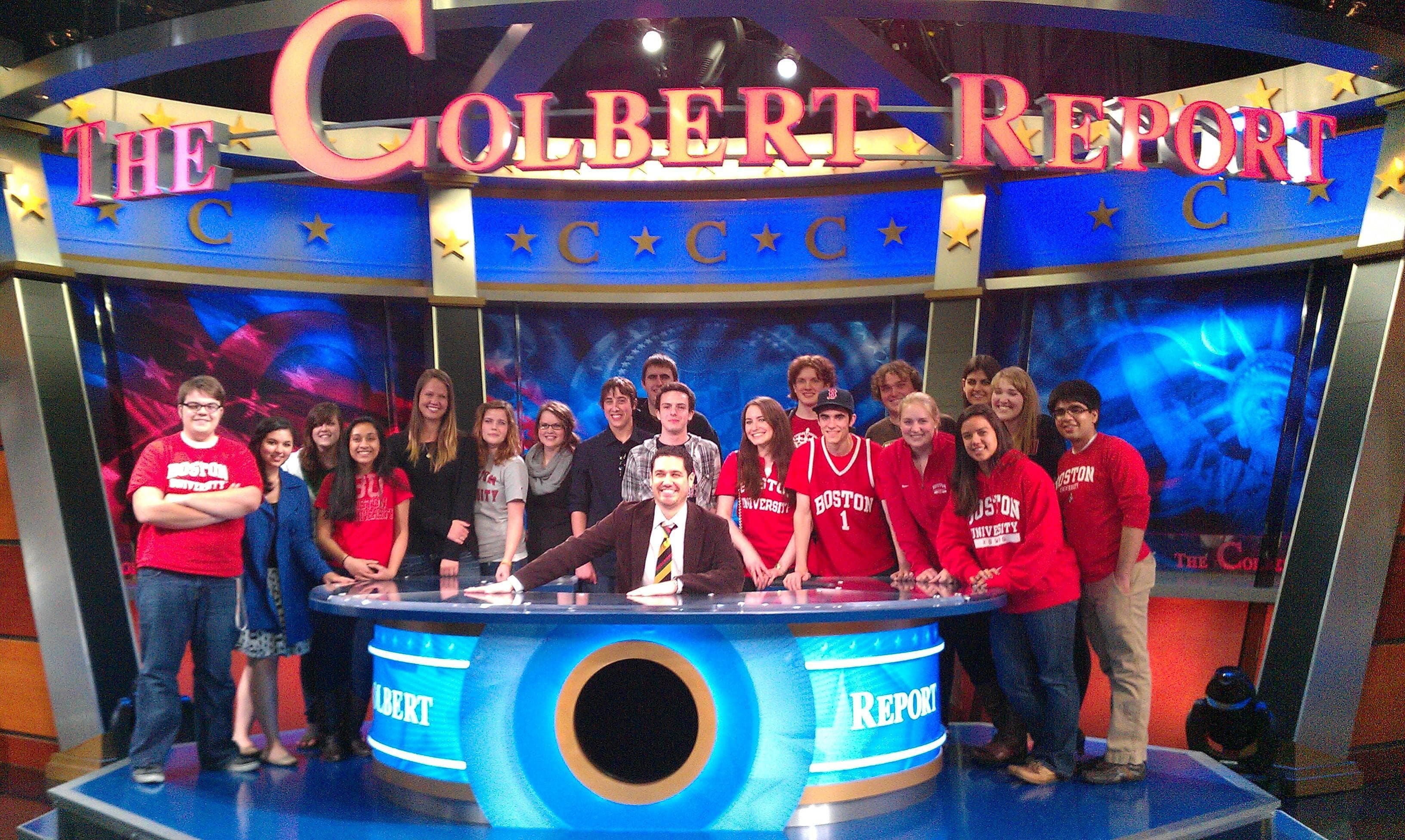 Boston University Prof. Michael Rodriguez, seated, and his class at a recent taping of &quot;The Colbert Report&quot; (Courtesy)