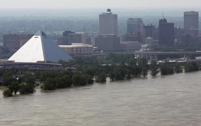 The flooded Mississippi River flows past downtown Memphis, Tenn., Monday, May 9, 2011. (AP)