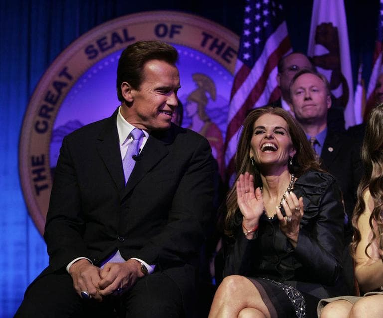 Gov. Arnold Schwarzenegger, left, and wife Maria Shriver laugh during his 2007 gubernatorial inauguration in Sacramento, Calif. (AP)