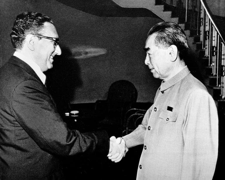 Dr. Henry Kissinger, left, U.S. then-Presidential National Security Adviser, shakes hands with Chinese Premier Zhou Enlai of the People's Republic of China at their meeting at Government Guest House in Beijing, China, July 9, 1971. (AP)