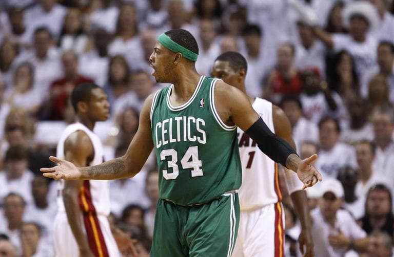 Celtics&#039; Paul Pierce reacts after fouling a Miami Heat player during Game 5 of a second-round NBA playoff basketball series in Miami, Wednesday. (AP)