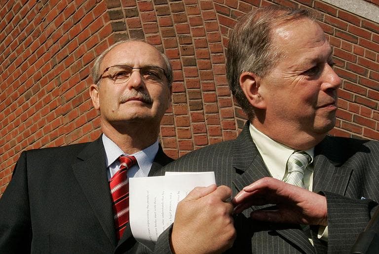 Former Massachusetts House Speaker Salvatore DiMasi, left, leaves federal court after DiMasi was indicted on federal corruption charges in Boston, June 2, 2009. (AP)
