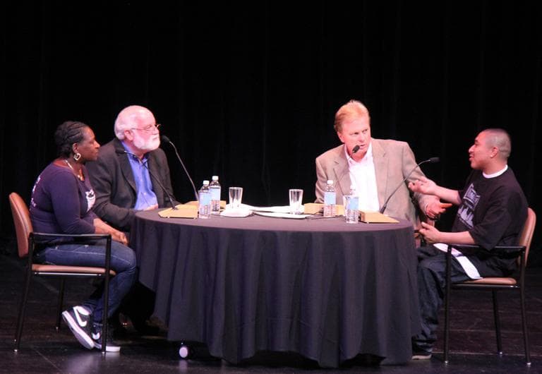 Lorretta Andrews, The Rev. Greg Boyle, On Point's Tom Ashbrook and Robin Alvarez on stage at On Point's live show at member station KCLU in Santa Barbara, Calif. (Geoffrey McQuilkin/On Point)