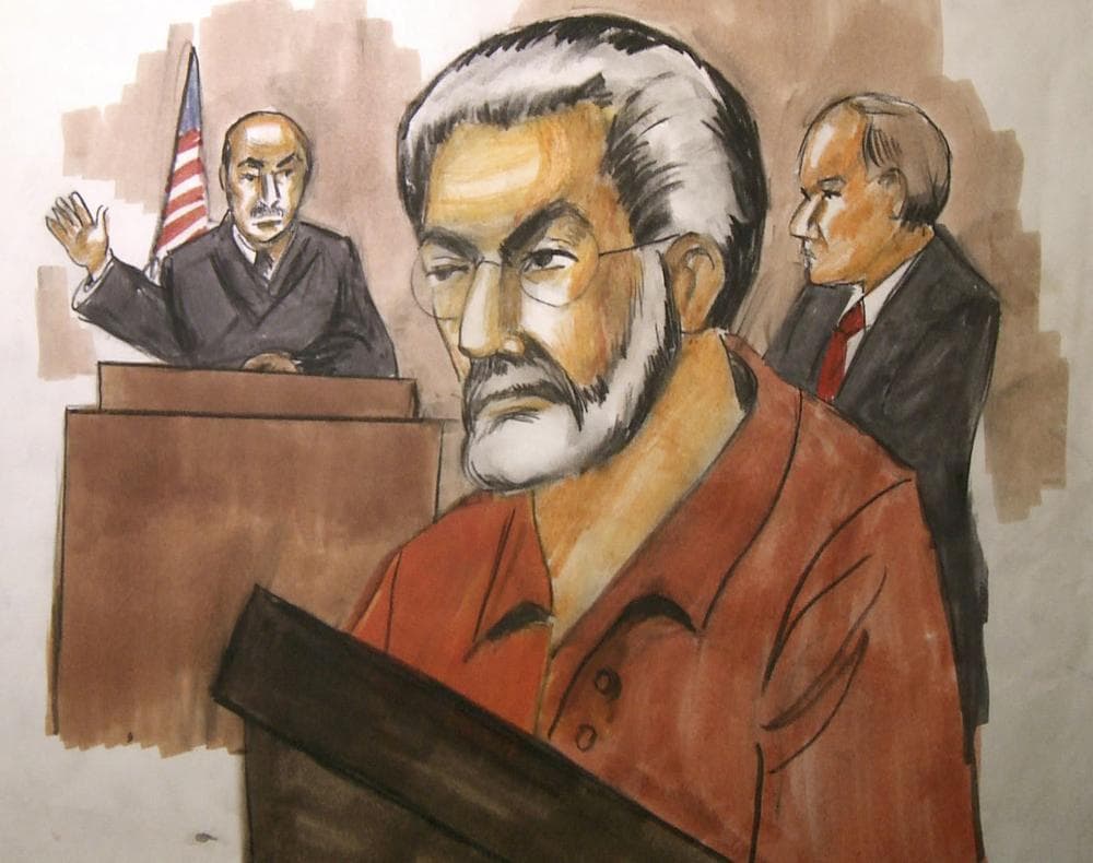A courtroom artists drawing of Chicago businessman Tahawwur Rana, center, who is scheduled to go on trial in Chicago on terrorism charges connected to the Mumbai, India attacks in 2008. (AP)