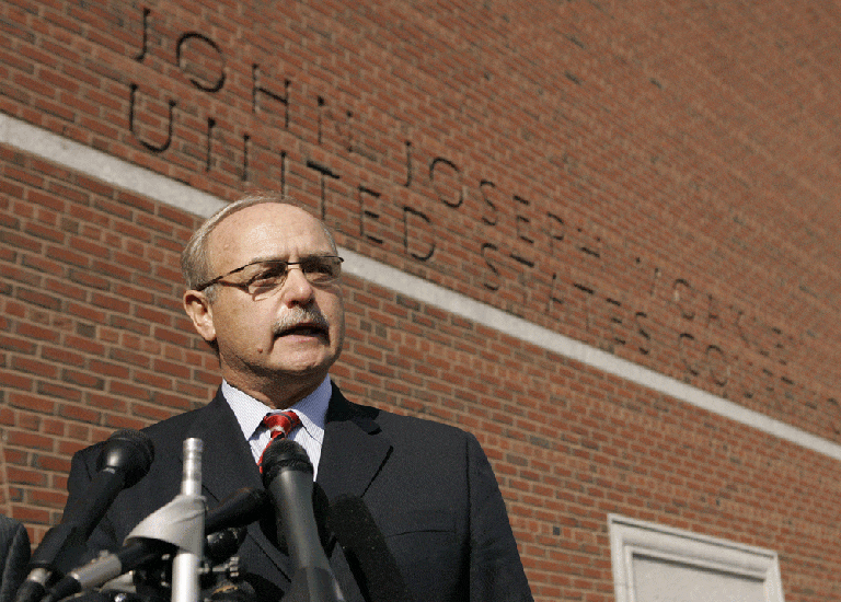 Former Massachusetts House Speaker Salvatore DiMasi speaks to reporters as he leaves a federal courtroom in 2009. (AP)