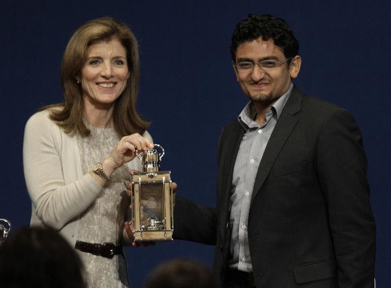 Caroline Kennedy presents Egyptian Wael Ghonim, representing the people of Egypt for their democratic uprising, the John F. Kennedy Profiles in Courage Award in Dorchester, Monday. (AP)