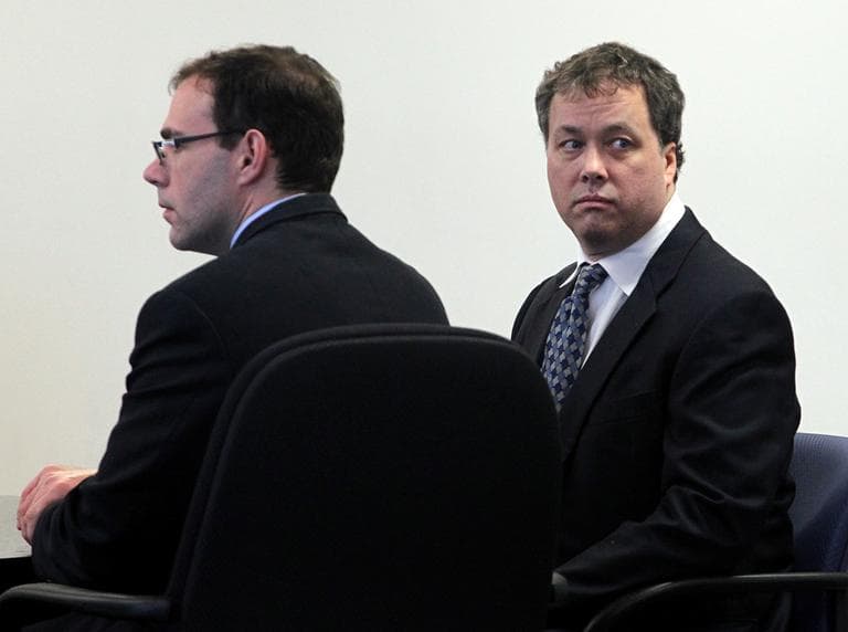 Mark Kerrigan, right, with defense attorney Hank Brennan at Middlesex Superior Court in Woburn, Mass., Tuesday (AP)