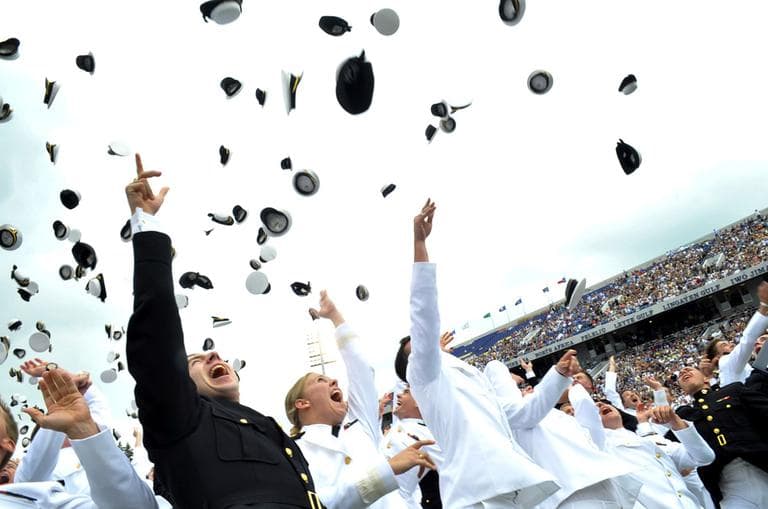 Newly commissioned officers from the U.S. Naval Academy class of 2010 celebrate the conclusion of their graduation and commissioning ceremony May 28, 2010 at Navy-Marine Corps Memorial Stadium in Annapolis, Md. (AP)