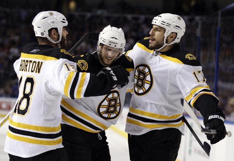 Boston Bruins&#39; Nathan Horton (18) and David Krejci, center, celebrate with teammate Milan Lucic, right, during Game 6 of the playoffs, Wednesday. (AP)