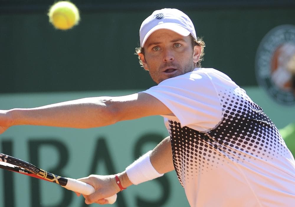 Mardy Fish, the only American male still competing in the French Open,in his match against Ricardo Mello of Brazil during the first round in Paris. (AP)